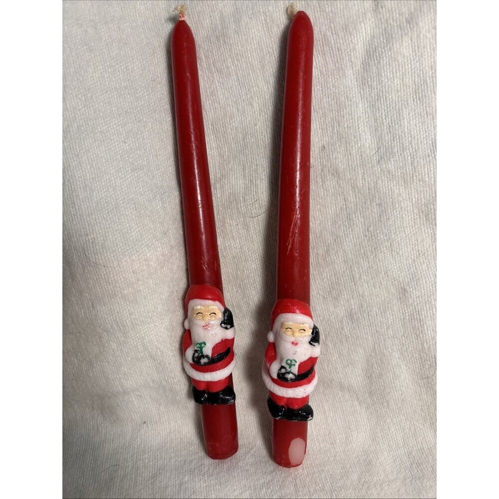 2 Christmas Wax Tapered Santa Claus Candles 10" Vtg Unburned Red